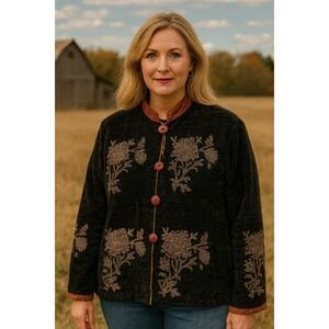 Vintage Retro Jacket Womens Medium Black Chenille Floral Artsy Art To Wear